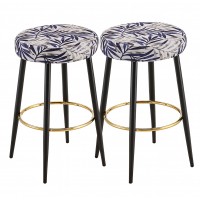 2-Piece Bar Stool Set, 25.5" & 29" Counter Height Bar Chairs with Blue Leaf Pattern Fabric, Gold Footrest, Black Metal Legs – Modern Upholstered Stools for Kitchen Island, Dining Room, Home Bar 2-Piece Bar Stool Set, 25.5" & 29" Counter Height Bar Chairs with Blue Leaf Pattern Fabric, Gold Footrest, Black Metal Legs – Modern Upholstered Stools for Kitchen Island, Dining Room, Home Bar