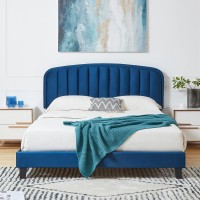 Queen Size Bed Frame, Upholstered Velvet Platform Bed with Adjustable Headboard, Wood Slat Support, No Box Spring Needed (Blue) - USAN1051340-8 Queen Size Bed Frame, Upholstered Velvet Platform Bed with Adjustable Headboard, Wood Slat Support, No Box Spring Needed (Blue) - USAN1051340-8