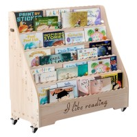 Kids Wooden Book Shelf with Wheels, Display Shelf with 5 Tiered Front-Facing Compartments, Engraved Panel Kids Wooden Book Shelf with Wheels, Display Shelf with 5 Tiered Front-Facing Compartments, Engraved Panel