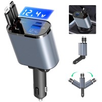 4 in 1 Retractable Car Charger, USB C Car Charger 100W with Dual Retractable Cables, Dual USB Ports, Voltage Display for iPhone, Android - X004CB2SEZ 4 in 1 Retractable Car Charger, USB C Car Charger 100W with Dual Retractable Cables, Dual USB Ports, Voltage Display for iPhone, Android - X004CB2SEZ