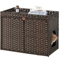 Woven Cat Litter Box Enclosure, Hidden Cat House Furniture with Double-Level Storage Shelf, Side Entrance, Ventilated Design, Indoor Cat Cabinet for Small to Large Cats Woven Cat Litter Box Enclosure, Hidden Cat House Furniture with Double-Level Storage Shelf, Side Entrance, Ventilated Design, Indoor Cat Cabinet for Small to Large Cats