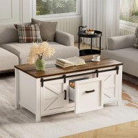 Coffee Table with Refrigerated Drawer Farmhouse Sliding Barn Door Storage Cabinet, Adjustable Shelves, 47.2" White & Brown Living Room Table Coffee Table with Refrigerated Drawer Farmhouse Sliding Barn Door Storage Cabinet, Adjustable Shelves, 47.2" White & Brown Living Room Table