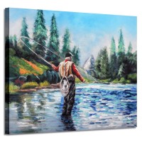 Landscape Canvas Wall Art, Fishing on The Lake Clear Blue River Mountain Trees Picture Painting for Home, Bedroom, Office (24'' x 18'' x 1 Panel) Landscape Canvas Wall Art, Fishing on The Lake Clear Blue River Mountain Trees Picture Painting for Home, Bedroom, Office (24'' x 18'' x 1 Panel)