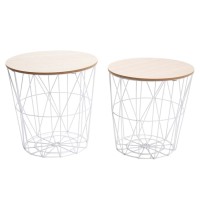 Set of 2 Nesting End Tables with Metal Storage Basket, Round Side Coffee Tables for Home, Living Room, Bedroom - YM-ST001 Set of 2 Nesting End Tables with Metal Storage Basket, Round Side Coffee Tables for Home, Living Room, Bedroom - YM-ST001