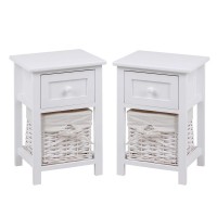 Set of 2 Nightstand, Solid Wood Bedside Table with Drawer and Wicker Basket for Home, Living Room, Bedroom 31 x 28 x 45cm (White) - D01-W-X Set of 2 Nightstand, Solid Wood Bedside Table with Drawer and Wicker Basket for Home, Living Room, Bedroom 31 x 28 x 45cm (White) - D01-W-X