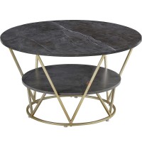 Round Coffee Table, 80cm Grey Gold Faux Marble Table with 2 Tier Storage for Home, Living Room (Grey-Gold) - COCO-Gray-CoffeeTableGG&G-FWS Round Coffee Table, 80cm Grey Gold Faux Marble Table with 2 Tier Storage for Home, Living Room (Grey-Gold) - COCO-Gray-CoffeeTableGG&G-FWS