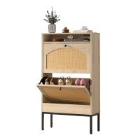Shoe Cabinet, Rattan Storage Cabinet with 2 Flip Drawers, Charging Station for Home, Entryway, Hallway, Living Room (Natural) - 8001-8346 Shoe Cabinet, Rattan Storage Cabinet with 2 Flip Drawers, Charging Station for Home, Entryway, Hallway, Living Room (Natural) - 8001-8346