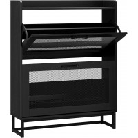 2-Tier Black Metal Mesh Shoe Cabinet, Modern Narrow Shoe Storage Organizer with Flip Drawers, Adjustable Shelves & Metal Handle, Waterproof Wooden Shoe Rack for Entryway, Hallway, Bedroom 2-Tier Black Metal Mesh Shoe Cabinet, Modern Narrow Shoe Storage Organizer with Flip Drawers, Adjustable Shelves & Metal Handle, Waterproof Wooden Shoe Rack for Entryway, Hallway, Bedroom