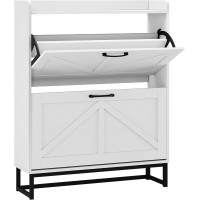 2-Tier White Farmhouse Shoe Cabinet, Wooden Shoe Storage Organizer with Flip Drawers, Adjustable Shelves & Metal Base, Modern Narrow Shoe Rack for Entryway, Hallway, or Bedroom 2-Tier White Farmhouse Shoe Cabinet, Wooden Shoe Storage Organizer with Flip Drawers, Adjustable Shelves & Metal Base, Modern Narrow Shoe Rack for Entryway, Hallway, or Bedroom