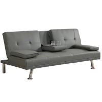 Adjustable Folding Sofa Bed, Modern Faux Leather Sofa with 2 Cup Holders & Removable Armrests for Home, Living Room (Grey) - W58825558 Adjustable Folding Sofa Bed, Modern Faux Leather Sofa with 2 Cup Holders & Removable Armrests for Home, Living Room (Grey) - W58825558