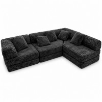 Modular Floor Sofa, Black Textured Sectional Couch, 5 Pillows Modular Floor Sofa, Black Textured Sectional Couch, 5 Pillows