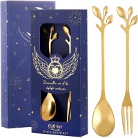 Gold Color Stainless Steel Spoon and Fork Set – Leaf Handle Coffee Spoon & Dessert Fork Gift Set, 2-Piece Premium Teaspoon Set for Coffee, Tea, Dessert, Ice Cream, Home & Café Use, Elegant Gift Box Included Gold Color Stainless Steel Spoon and Fork Set – Leaf Handle Coffee Spoon & Dessert Fork Gift Set, 2-Piece Premium Teaspoon Set for Coffee, Tea, Dessert, Ice Cream, Home & Café Use, Elegant Gift Box Included