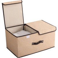 Foldable Linen Storage Box, 50 x 30 x 25 cm Double Lid Organizer Container for Home, Office, Clothes, Books, Toys (Beige) - HJ23055 Foldable Linen Storage Box, 50 x 30 x 25 cm Double Lid Organizer Container for Home, Office, Clothes, Books, Toys (Beige) - HJ23055
