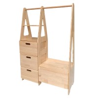 Wooden Montessori Wardrobe, Childrens Clothing Rack with Open Hanging Rail, 3 Drawers, Storage Bench Wooden Montessori Wardrobe, Childrens Clothing Rack with Open Hanging Rail, 3 Drawers, Storage Bench